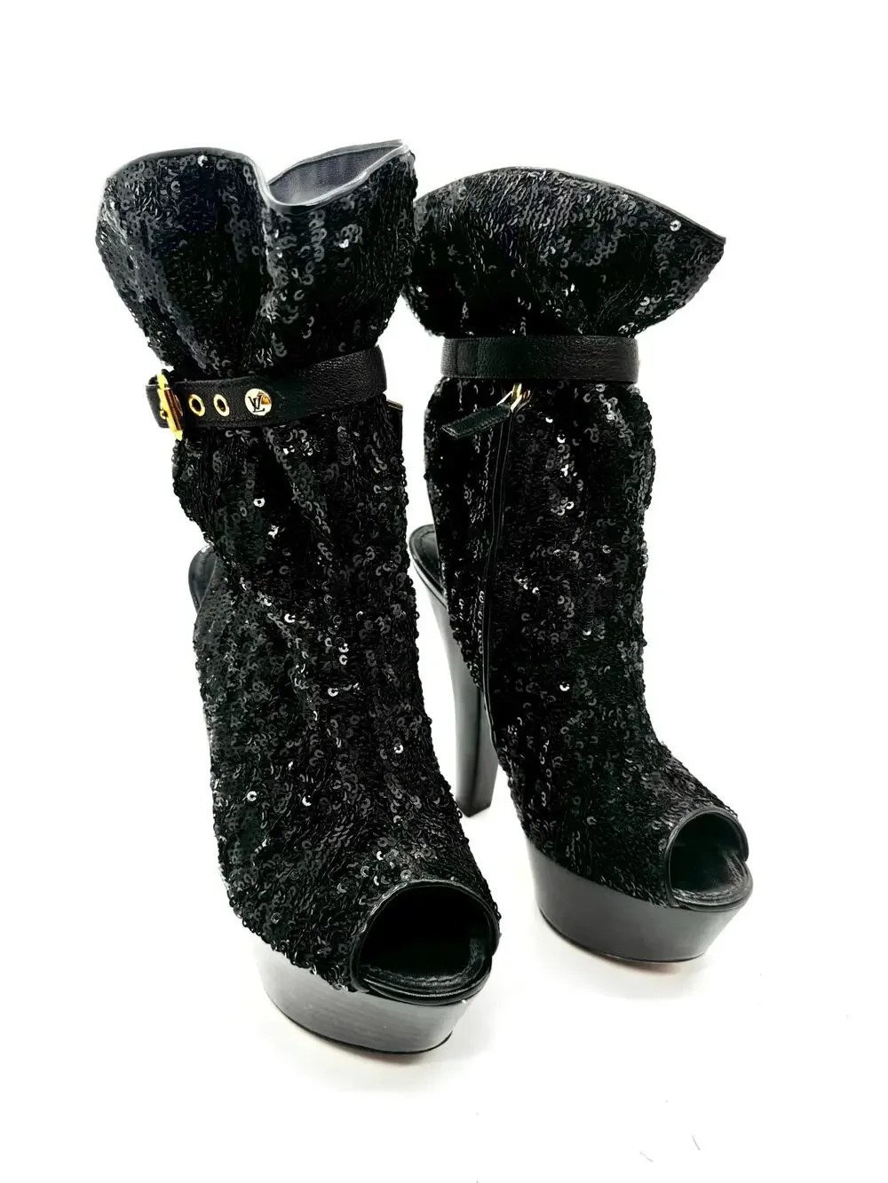 Louis Vuitton Black Sequin Leather Peep Toe Platform Boots 140mm EU 37